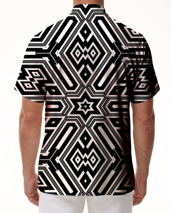 
Black and white geometric men's short-sleeved shirt fashion casual style summer cool and comfortable tops
                