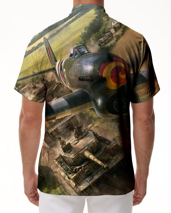 
Four Seasons Century War Men's Short Sleeve Green Airplane Print Shirt New Men's Retro Button Clothes
                