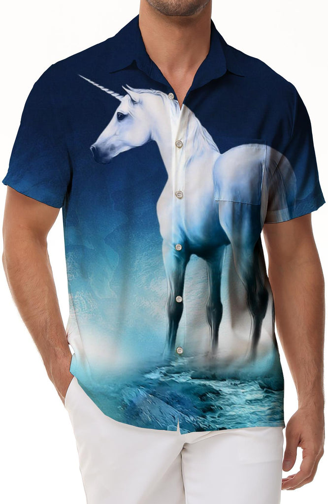 Cool White Unicorn Tropical Hawaiian Men's Pocket Short Sleeve Shirt Suitable for Outdoor Party Casual Style