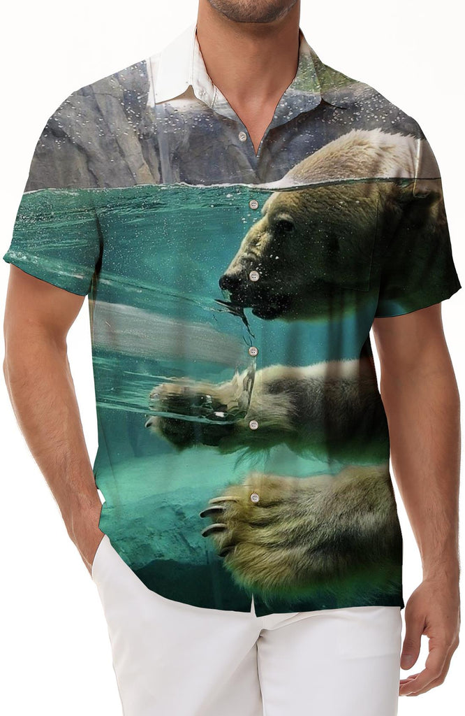 Water Polar Bear Men's Casual Button Short Sleeve Shirt Pocket Lapel Tops Suitable for Breathable
