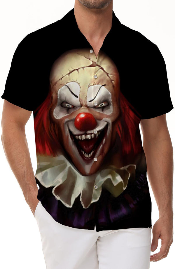 Scary Clown Face Casual Black Short Sleeve Shirt Rap Men Outdoor Fishing Hawaiian Tropical Short Sleeve Shirt Four Seasons