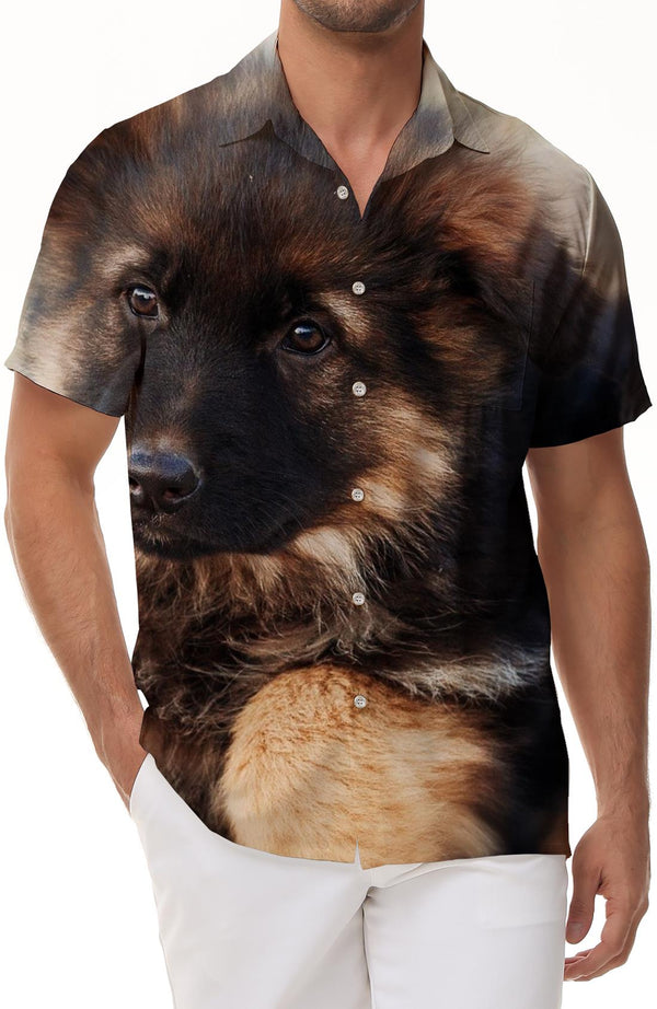 German Shepherd Puppy Hawaii Casual Outdoor Travel Simple and Versatile Men's Button Lapel Short Sleeve