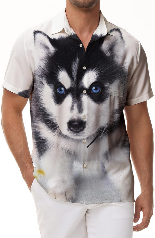 Husky Print Hawaiian Casual Button-Down Lapel Loose Beach Shirt Regular Size