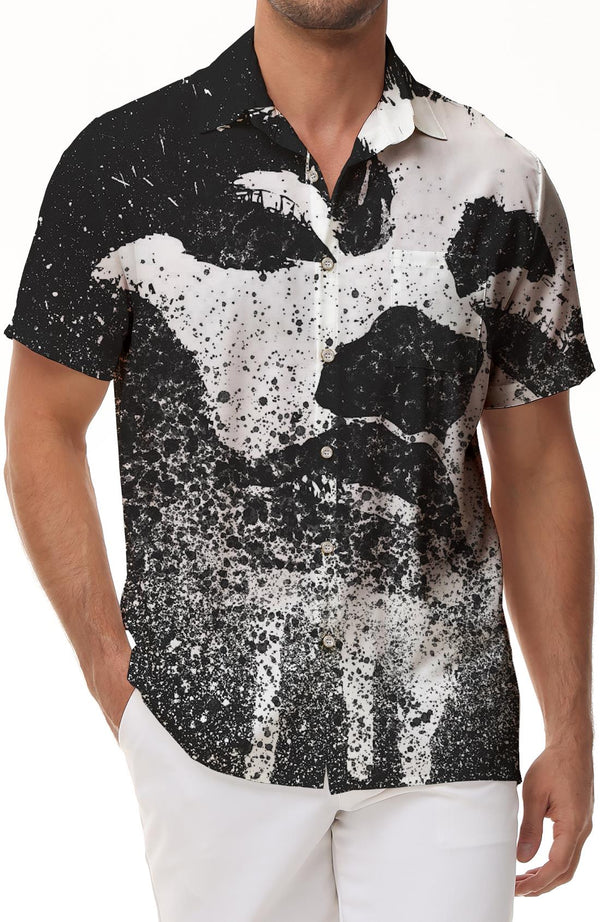 Black fashion art painting men's casual collar Hawaiian button-down short sleeve lapel pocket top fashion loose shirt short sleeve