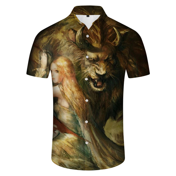 
Beast and Princess Hawaiian Button Pocket Men's Printed Short Sleeve Shirt Button Summer Beach Ocean Top
                