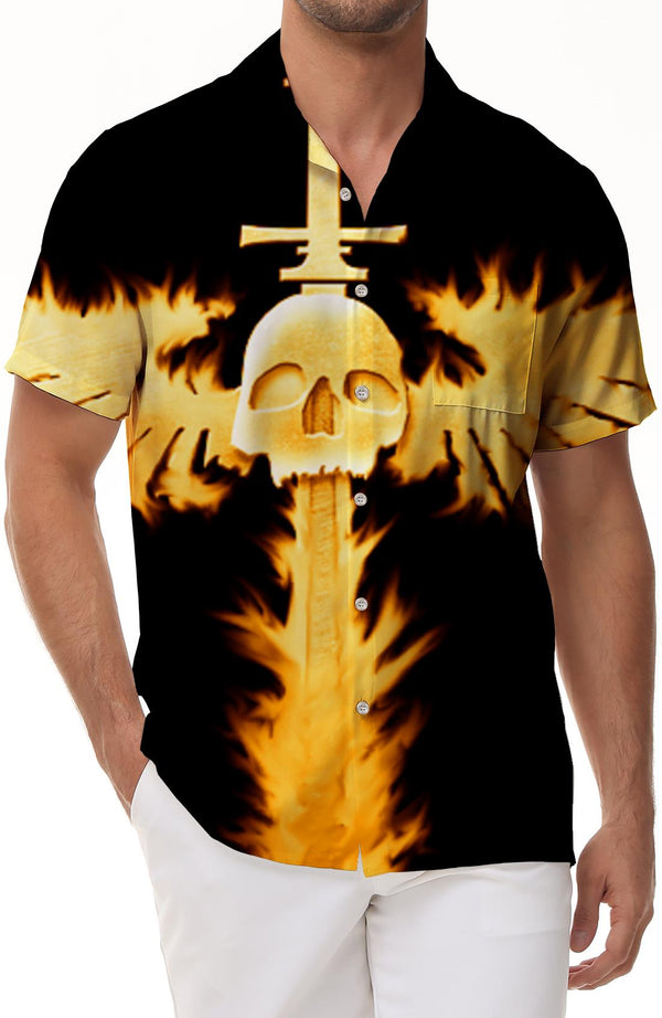 Gold Skull Hell Sword Fashion Cool Men's Hawaiian Casual Short Sleeve Shirt Pattern Button Top