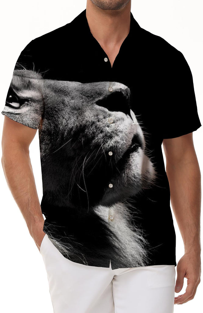 Black and white animal lion mens shirt button down formal shirt summer casual short sleeve tops for office travel beach
