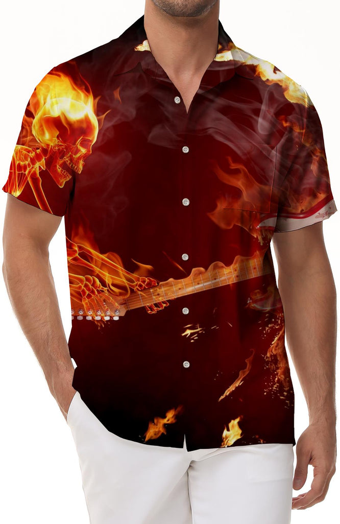 Guitarist hot button pocket lapel fashion rap trend short-sleeved shirt men's short-sleeved shirt comfortable and breathable