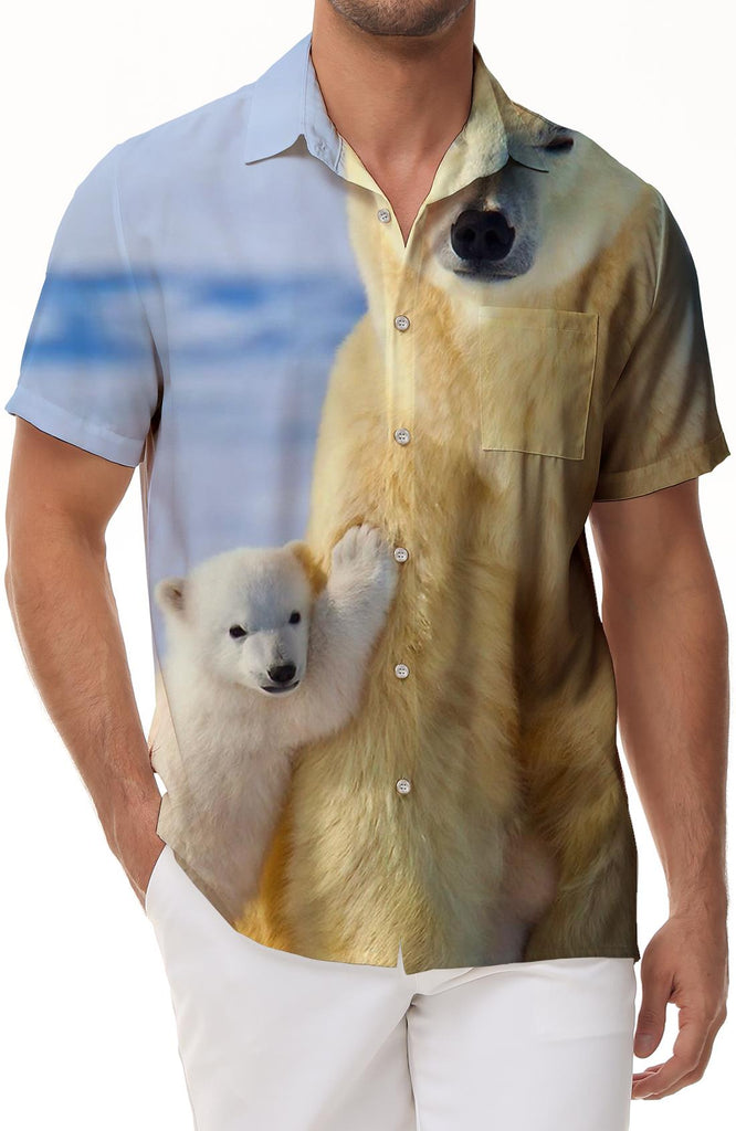Furry Men's Short Sleeve Beach Shirt Cute Polar Bear Casual Print Button Polyester Beach Festival Party Bonfire