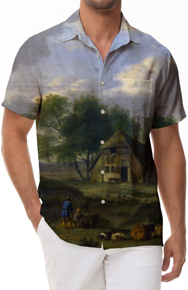 Oil painting retro natural style Hawaiian tropical lapel tie pocket buttons Men's casual loose short sleeve shirt