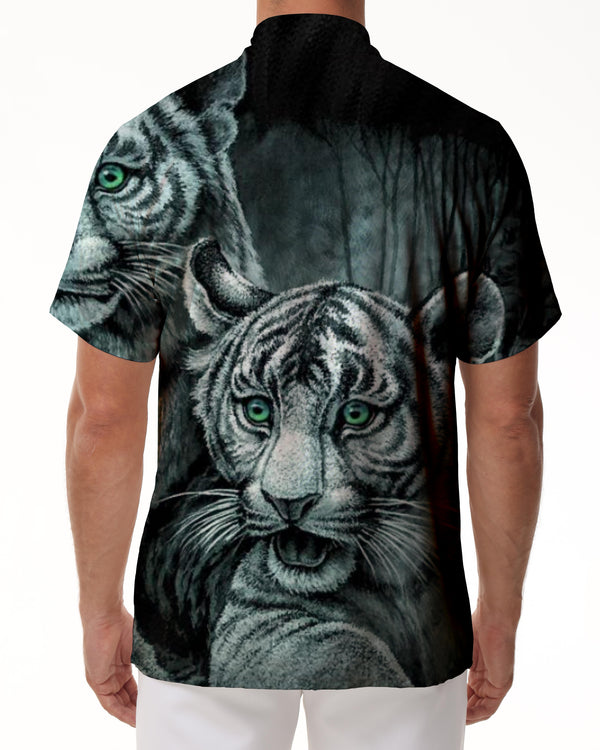 
Natural forest animal tiger new short-sleeved men's versatile shirt casual button lapel summer beach gray
                