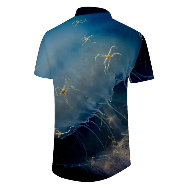 
Artistic jellyfish light blue seabed print pattern casual loose men's short sleeve button down Hawaiian shirt summer
                