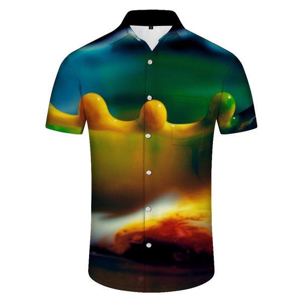 
Pigment Color Water Drop Short Sleeve Shirt Men's Button Lapel Shirt with Pockets Hawaiian Rainforest Top
                