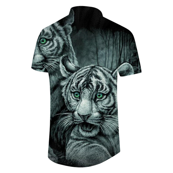 
Natural forest animal tiger new short-sleeved men's versatile shirt casual button lapel summer beach gray
                
