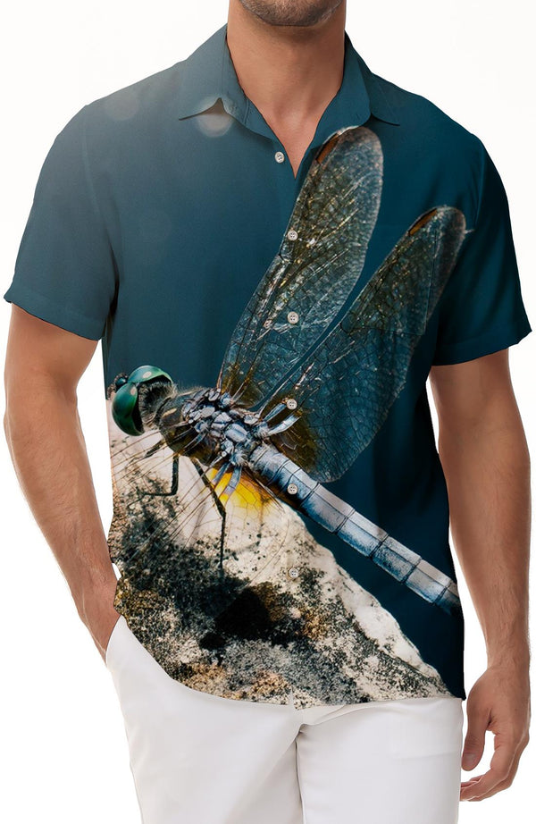 Cliff Watercolor Dragonfly Vintage Men's Casual Button Short Sleeve Hawaiian Shirt Beach Top Shirt Short Sleeve