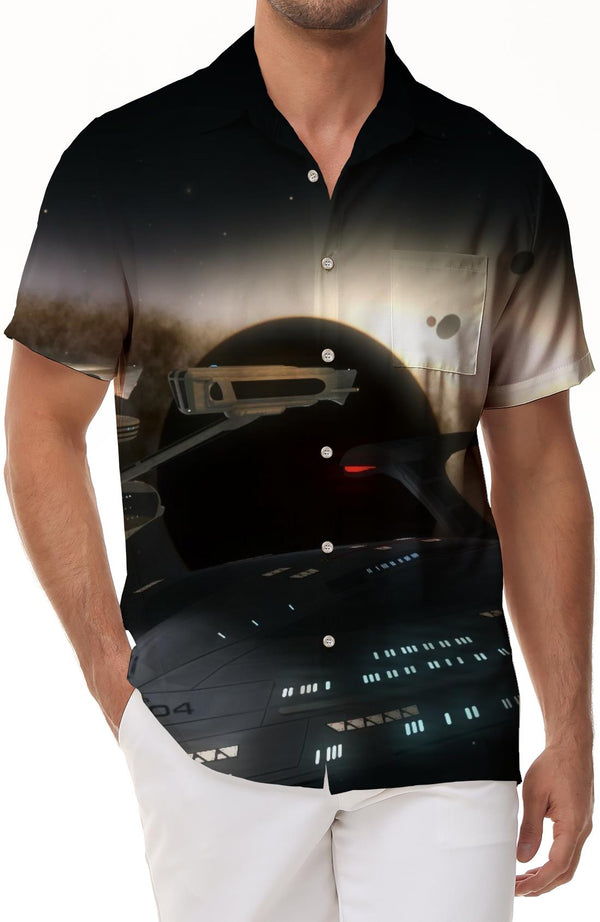 Black hole outer space fantasy space planet and sci-fi interstellar travel starship print short sleeve shirt
