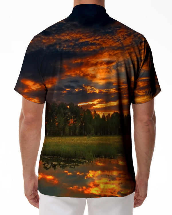
Landscape sunset print summer beach casual short sleeve button down shirt mens Hawaiian shirt button down lapel
                