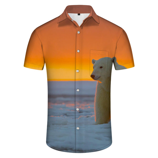 
Sunset and Snow Hawaiian Shirt Short Sleeve Button Polar Bear Men's Casual Short Sleeve Loose Street Outdoor Travel
                