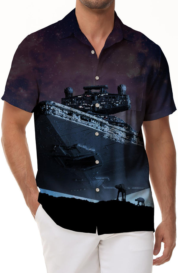Alien Spaceship Casual Tops Shirt Beach Print Hawaiian Button-Down Lapel Pockets Fashion Button Men's Summer Fashion Shirt