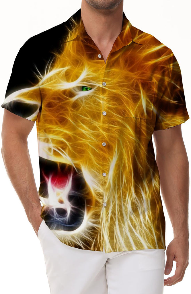 Gold Flame Lion Super Cool Pattern Men's Printed Short Sleeve Hawaiian Shirt Lapel Short Sleeve