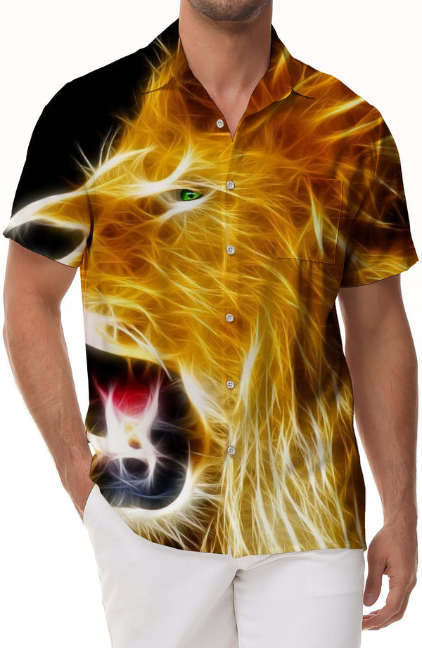 Gold Flame Lion Super Cool Pattern Men's Printed Short Sleeve Hawaiian Shirt Lapel Short Sleeve