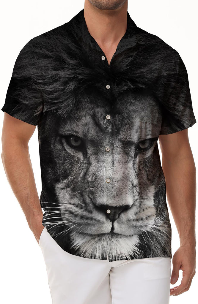 Domineering African lion black and white Hawaiian shirt Men's casual short-sleeved fashionable lapel button beach top