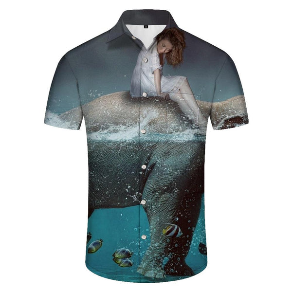 
Natural Water Elephant Print Cuban Collar Short Sleeve Shirt Perfect Beach and Casual Wear for Men
                
