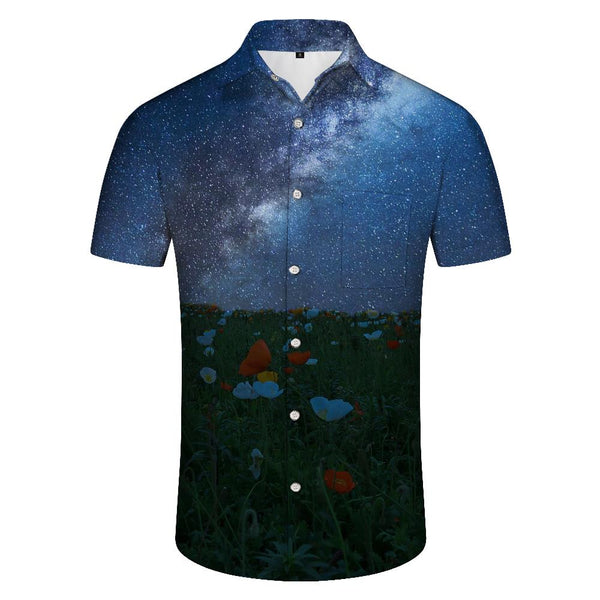 
Galaxy Flower Sea Short Sleeve Shirt Fashion Hawaiian Tropical Digital Print Lapel Pocket Button Beach Seaside Top
                
