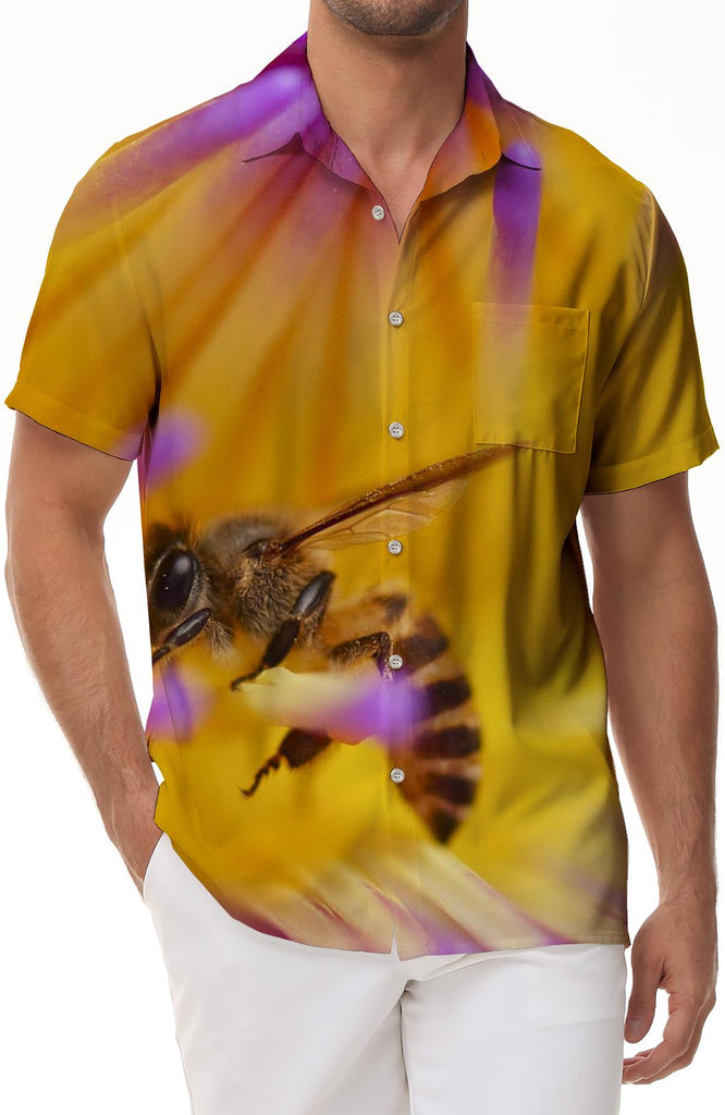 Honey Bee Yellow Flowers Vintage Men's Casual Button Hawaiian Shirt Short Sleeve Top Summer Animal Yellow