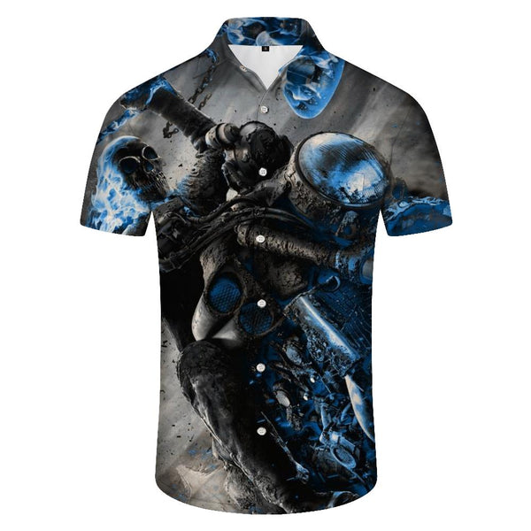 
Blue Flame Hell Skull Man Hawaiian Button Pattern Men's Short Sleeve Casual Shirt Retro Top Fashion Summer Loose
                