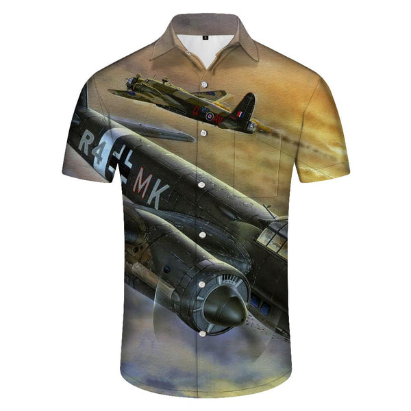 
British retro Hawaiian shirt fighter print pattern casual men's outdoor four seasons short sleeve tropical style
                