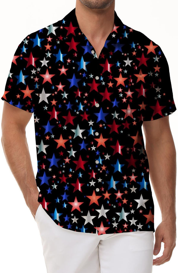 Five-pointed star colored men's Hawaiian shirt American flag print short sleeve tropical beach shirt vacation shirt