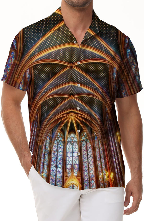 Hawaiian button pocket lapel classic fashion casual men's loose short sleeve fashion casual breathable short sleeve shirt top prosperous glass window