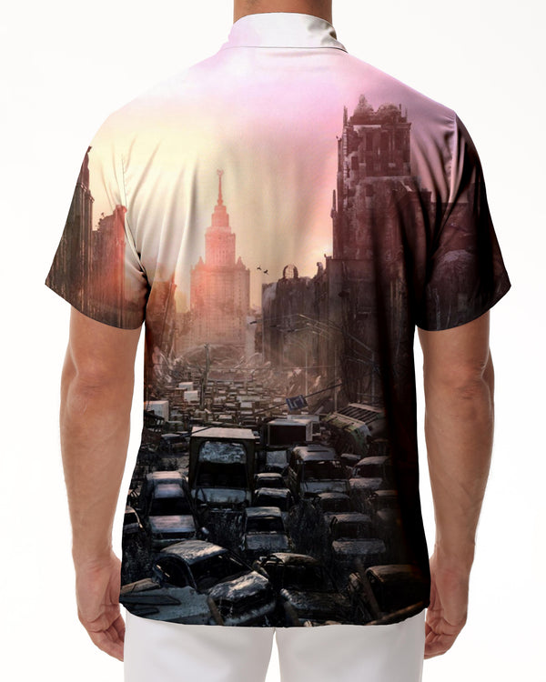 
Earthquake destroyed city fashion retro style short sleeve shirt men's daily street walking Hawaiian short sleeve shirt casual tops
                