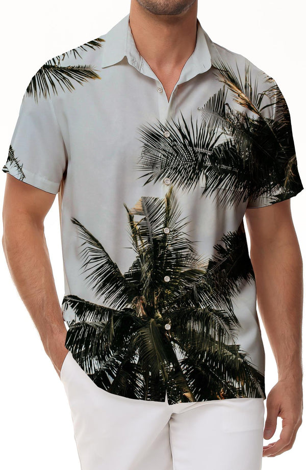 Tropical coconut leaf holiday beach shirt short sleeve summer fashion short sleeve button-down Hawaiian lapel pocket short sleeve shirt men's