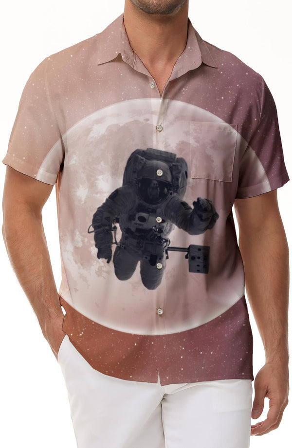 Lunar Astronaut Space Men's Short Sleeve Shirt Button Collar Shirt with Pockets 3D Digital Printing Hawaiian Button Pocket Lapel Beach Party