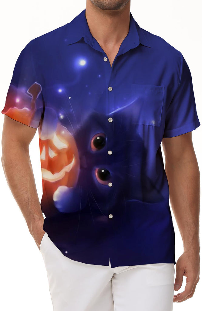 Purple Cat 3D Printed Men's Casual Button Short Sleeve Shirt Fashion Summer Vacation Beach Shirt