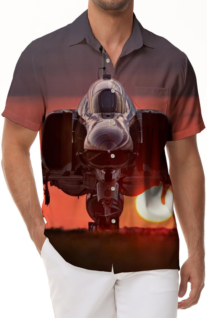 Vintage Fighter Print Men's Chest Pocket Breathable Hawaiian Shirt Short Sleeve Flight