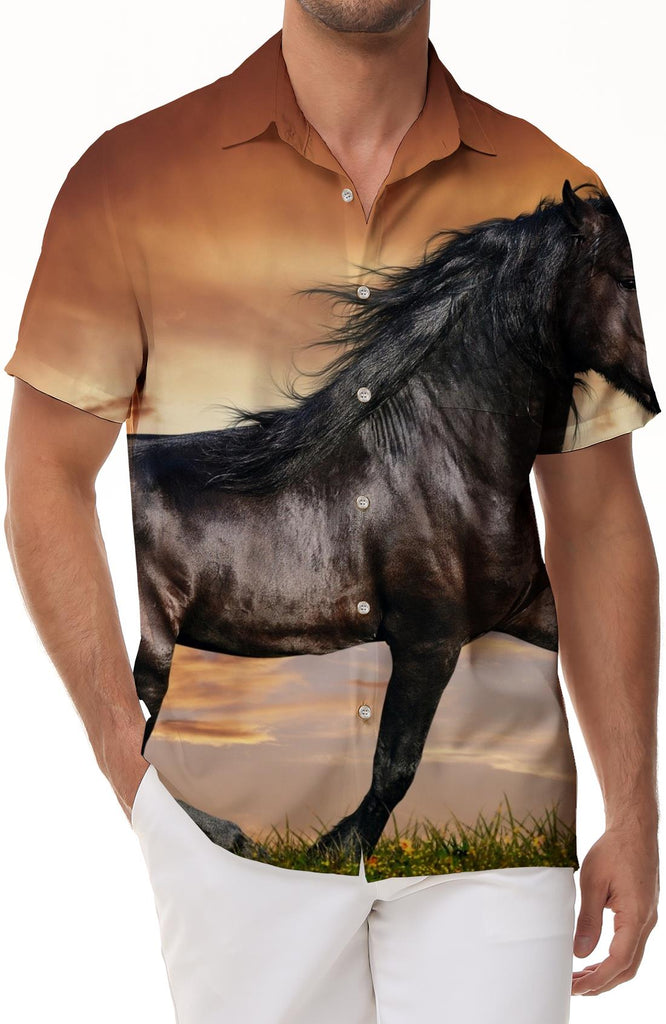 Mens Black Horse Shirt Short Sleeve Button Loose Summer Beach Shirt Sunset Horse