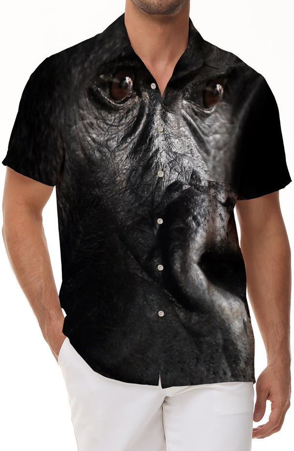 Upright walking animal orangutan tropical men travel galaxy Hawaiian button lapel pocket ocean beach short sleeve shirt polyester