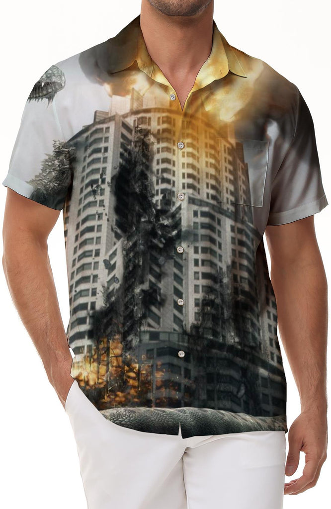 Abstract art loose shirt painting 3D rendering digital printing Hawaiian men's shirt short sleeve shirt dark green men's shirt