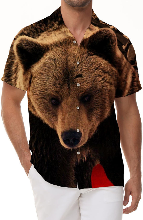 Fierce Brown Bear Men's Cute Little Bear Russian Casual Short Sleeve Tropical Hawaiian Button Pocket Lapel Work and Fishing Sports Short Sleeve
