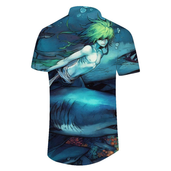 
Green Hair Underwater Mermaid and Shark Men's Short Sleeve Shirt Beautiful Underwater Scenery Men's Button Shirt Blue
                