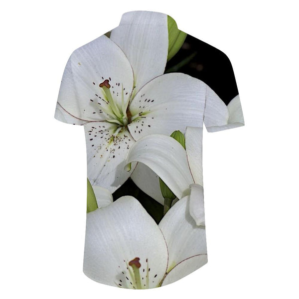 
White lily blooming flowers men's shirt short sleeves printed comfortable regular fit button lapel shirt digital print casual top white
                