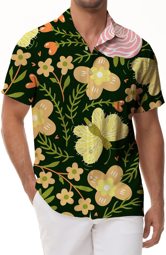Flower orange butterfly print pattern Hawaiian button lapel casual fashion men's vacation beach shirt
