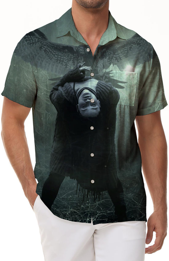 Zombies and Eagles in Mysterious Forest Men's Short Sleeve Button Hawaiian Lapel Beach Shirt Beach Clothing