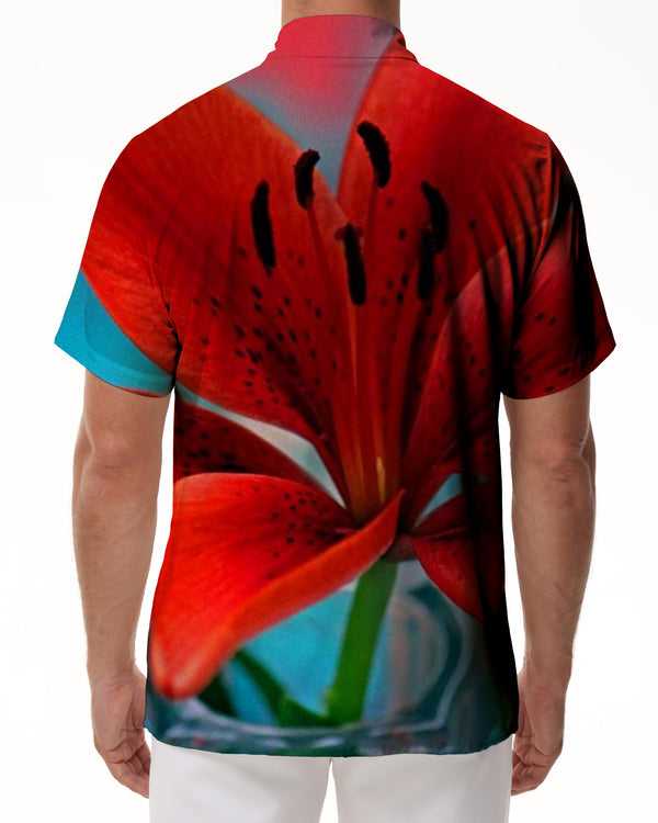 
Bright red flower men's short sleeve shirt casual button down summer beach shirt classic fit top short sleeve shirt flower
                