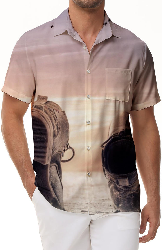Shoes pattern retro style men's shirt button-down summer casual short sleeve tops suitable for beach sand everyday street