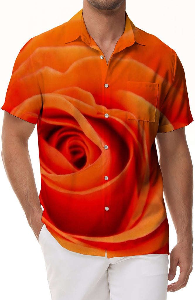 Orange Rose Men's Casual Button Short Sleeve Cuban Shirt Print Four Seasons Hawaiian Button Pocket Button Shirt Flowers