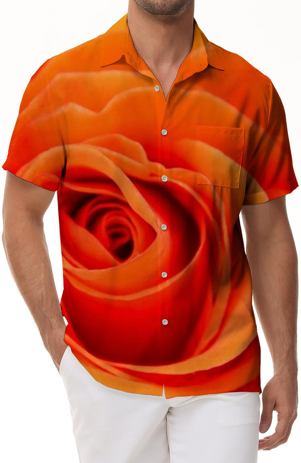 Orange Rose Men's Casual Button Short Sleeve Cuban Shirt Print Four Seasons Hawaiian Button Pocket Button Shirt Flowers